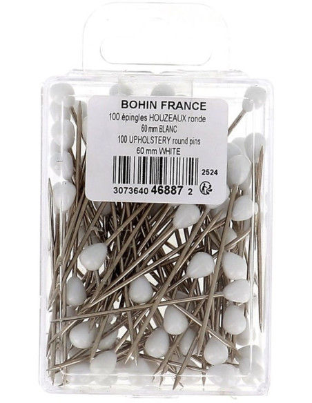Scatola di 100 spilli da tappezziere forma rotonda bianca Bohin