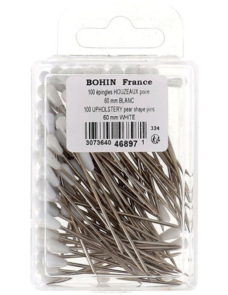 Scatola di 100 spilli da tappezziere a forma di pera bianca Bohin