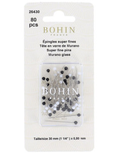 Scatola di 80 spilli super-fini con testa in vetro di Murano nero e bianco Bohin