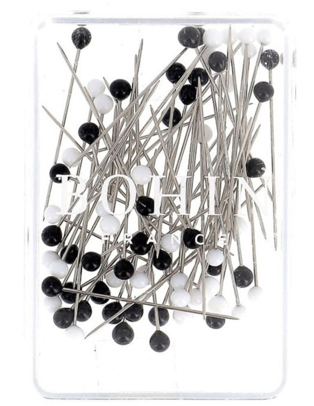 Scatola di 80 spilli super-fini con testa in vetro di Murano nero e bianco Bohin