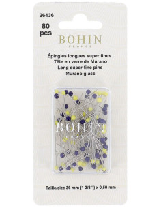 Scatola di 80 spilli lunghi super-fini con testa in vetro di Murano blu e giallo Bohin