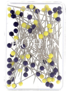 Scatola di 80 spilli lunghi super-fini con testa in vetro di Murano blu e giallo Bohin 2