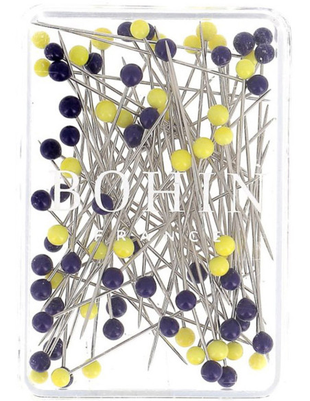 Scatola di 80 spilli lunghi super-fini con testa in vetro di Murano blu e giallo Bohin