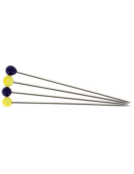 Scatola di 80 spilli lunghi super-fini con testa in vetro di Murano blu e giallo Bohin