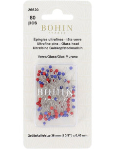 Scatola di 80 spilli ultra-sottili con testa in vetro di Murano Bohin