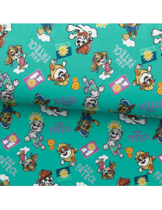 Tessuto jersey Paw Patrol - Sole su sfondo blu turchese