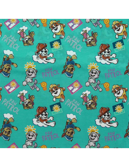 Tessuto jersey Paw Patrol - Sole su sfondo blu turchese