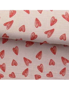 Tessuto doppia garza stampato - Cuori rossi su sfondo beige