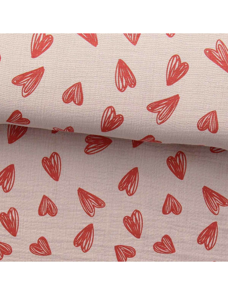 Tessuto doppia garza stampato - Cuori rossi su sfondo beige
