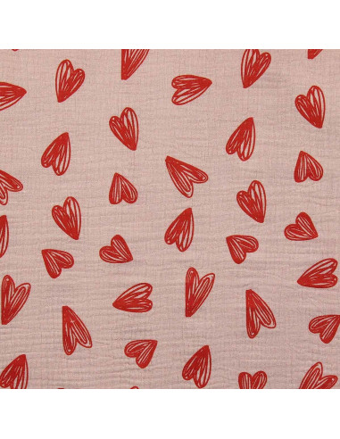 Tessuto doppia garza stampato - Cuori rossi su sfondo beige