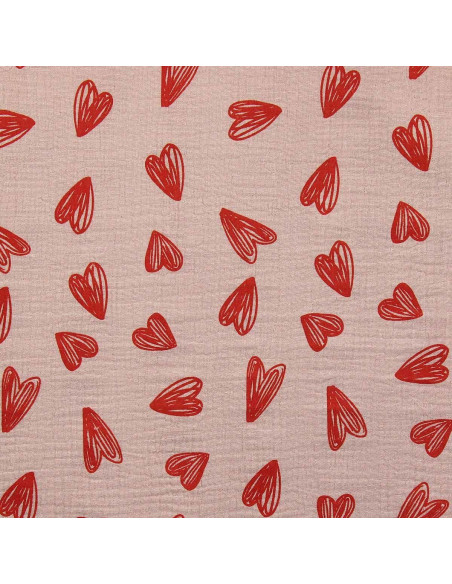 Tessuto doppia garza stampato - Cuori rossi su sfondo beige