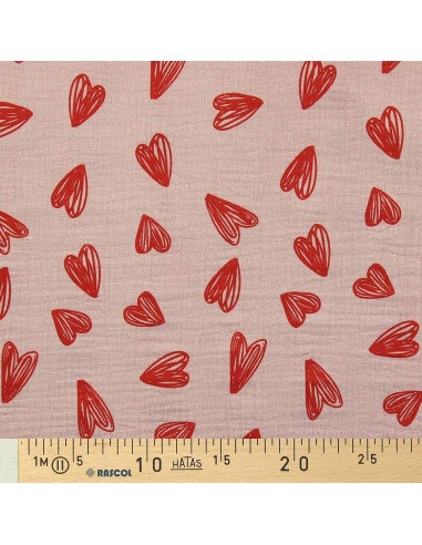 Tessuto doppia garza stampato - Cuori rossi su sfondo beige