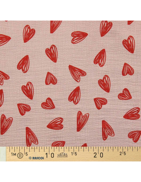 Tessuto doppia garza stampato - Cuori rossi su sfondo beige