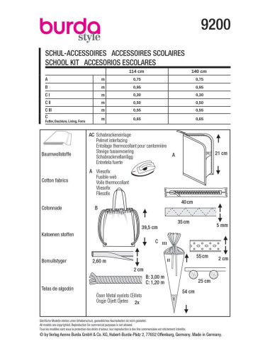 Modello di accessori scolastici - Burda 9200