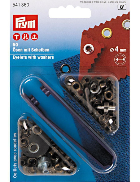 Scatola 50 occhielli 4 mm con strumento di montaggio - Ottone antico