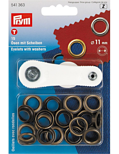 Scatola di 15 occhielli da 11 mm con strumento di montaggio - Ottone antico
