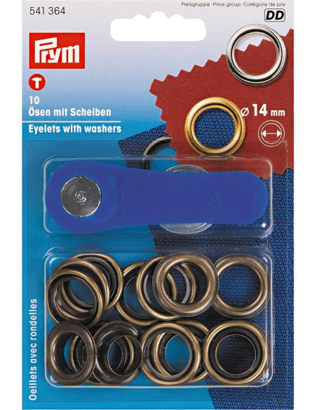 Scatola 10 occhielli 14 mm con strumento di montaggio - Ottone antico