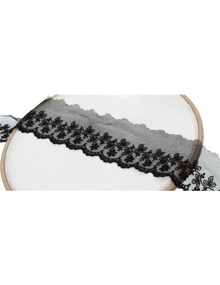 Pizzo ricamato con fiori su tulle - Nero