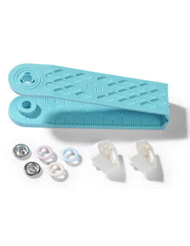 Scatola di 21 bottoni a pressione jersey rosa, blu e écru con attrezzo da 8 mm