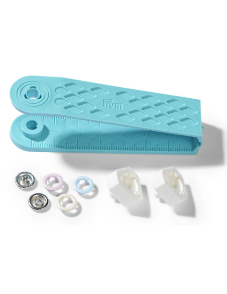 Scatola di 21 bottoni a pressione jersey rosa, blu e écru con attrezzo da 8 mm