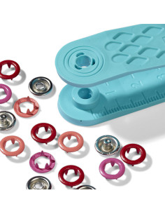 Scatola di 21 bottoni a pressione jersey rosso, corallo e fucsia con attrezzo da 8 mm 2
