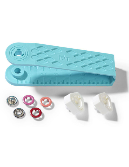Scatola di 21 bottoni a pressione jersey rosso, corallo e fucsia con attrezzo da 8 mm