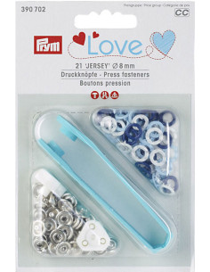 Scatola di 21 bottoni a pressione jersey bianchi, celesti e blu marino con attrezzo da 8 mm