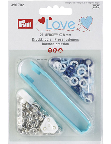 Scatola di 21 bottoni a pressione jersey bianchi, celesti e blu marino con attrezzo da 8 mm