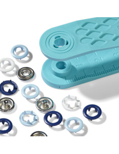 Scatola di 21 bottoni a pressione jersey bianchi, celesti e blu marino con attrezzo da 8 mm 2