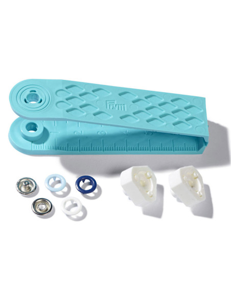 Scatola di 21 bottoni a pressione jersey bianchi, celesti e blu marino con attrezzo da 8 mm