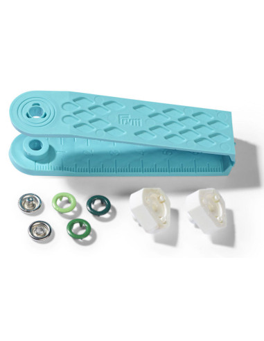 Scatola di 21 bottoni a pressione jersey assortiti di verdi con attrezzo da 8 mm