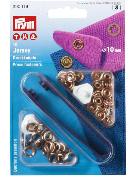 Scatola di 10 bottoni a pressione jersey Rame con attrezzo 10 mm