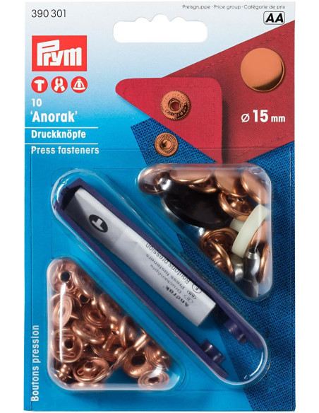 Scatola di 10 bottoni a pressione anorak in rame con attrezzo 15 mm