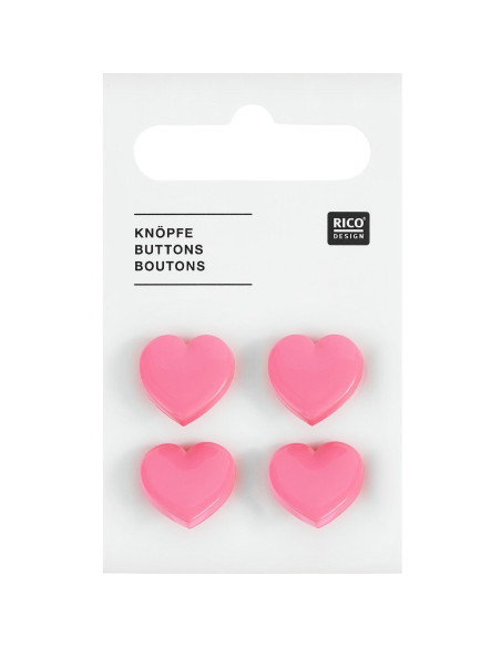 Carta di 4 bottoni a forma di cuore - Rosa 15 x 15 mm