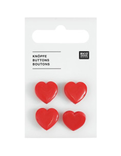 Carta di 4 bottoni a forma di cuore - Rosso 15 x 15 mm