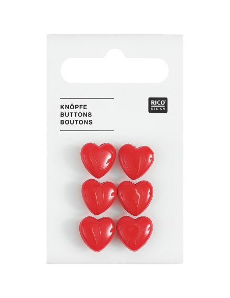 Carta di 6 bottoni a forma di cuore - Rosso 11 x 11 mm