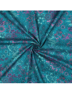 Tessuto popeline di cotone - Fiori blu petrolio