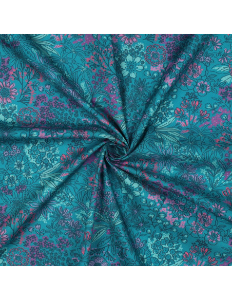 Tessuto popeline di cotone - Fiori blu petrolio