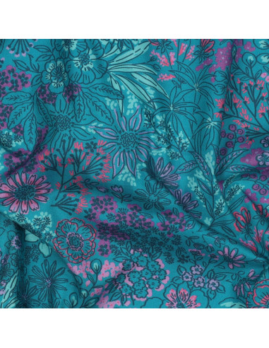 Tessuto popeline di cotone - Fiori blu petrolio
