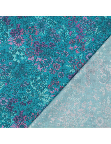 Tessuto popeline di cotone - Fiori blu petrolio