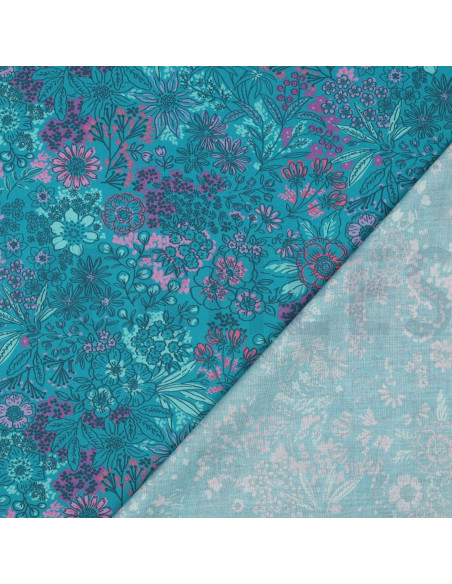 Tessuto popeline di cotone - Fiori blu petrolio