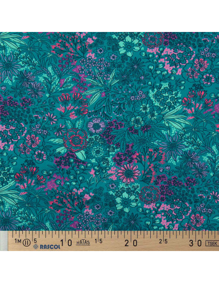 Tessuto popeline di cotone - Fiori blu petrolio