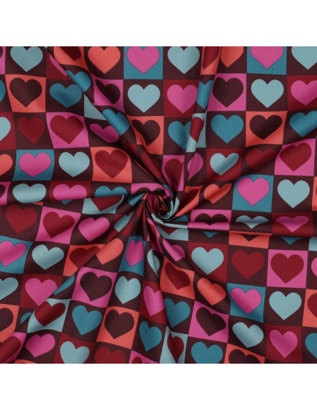 Tessuto popeline di cotone - Cuore su sfondo bordeaux