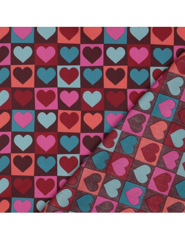 Tessuto popeline di cotone - Cuore su sfondo bordeaux