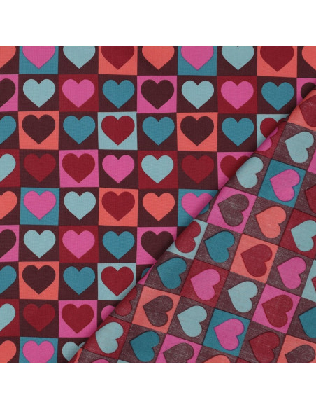 Tessuto popeline di cotone - Cuore su sfondo bordeaux