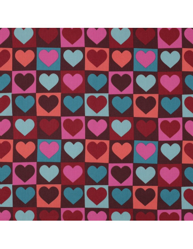 Tessuto popeline di cotone - Cuore su sfondo bordeaux