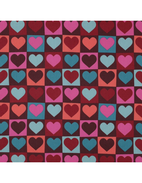 Tessuto popeline di cotone - Cuore su sfondo bordeaux