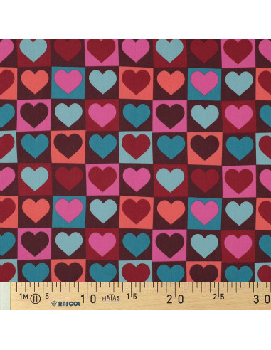 Tessuto popeline di cotone - Cuore su sfondo bordeaux