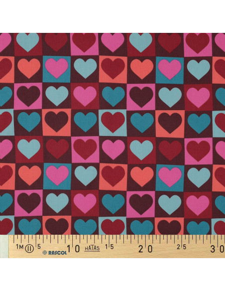 Tessuto popeline di cotone - Cuore su sfondo bordeaux