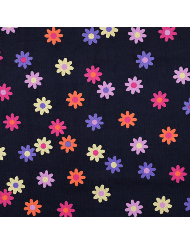 Tessuto velluto a coste fantasia - Fiori su sfondo blu navy
